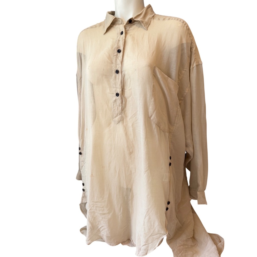 Jenni Kayne Womens Beige Cotton Silkโ Blend lagenlook Tunic Shirt Side Button L
